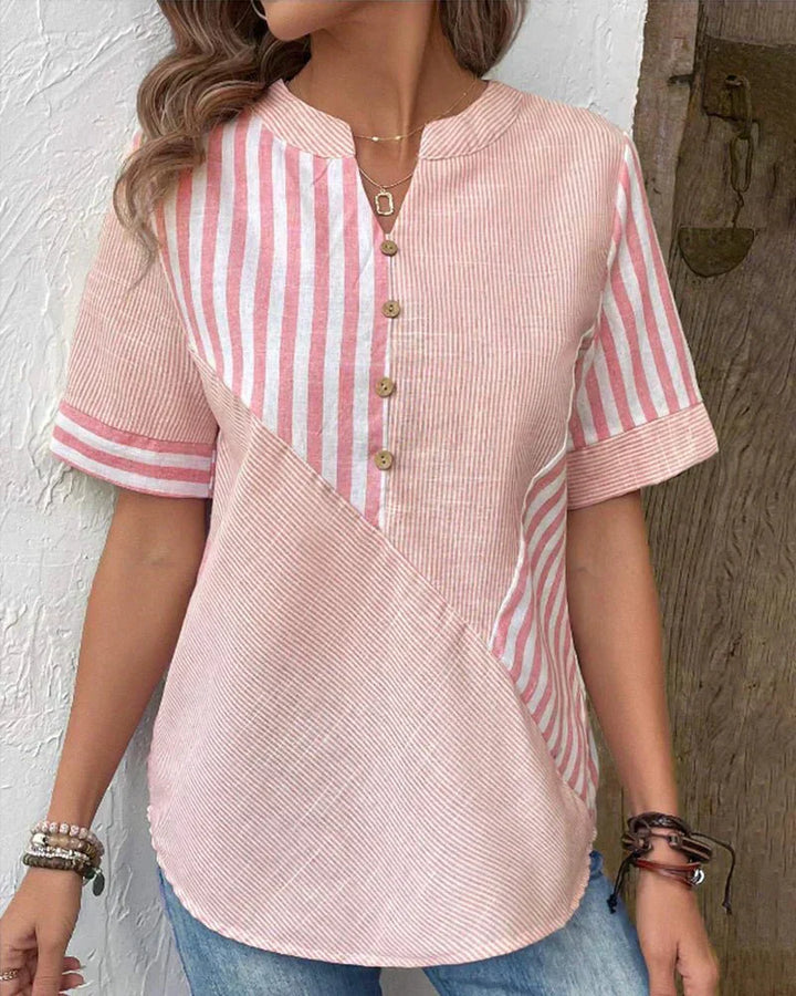Women's Patchwork Stripe Blouse with Button Front