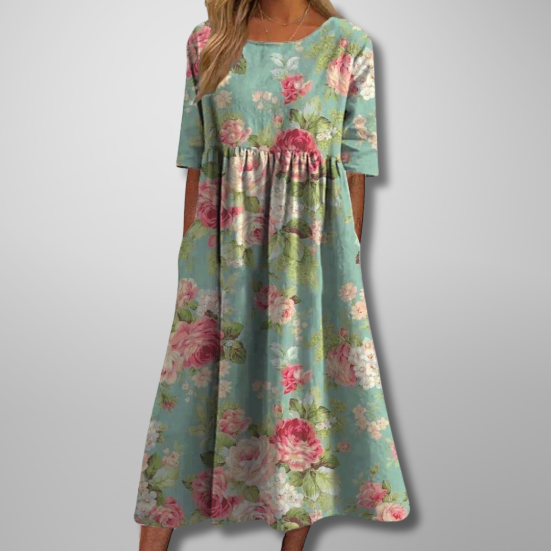 Women's Botanical Printed Midi Dress with Gathered Waist