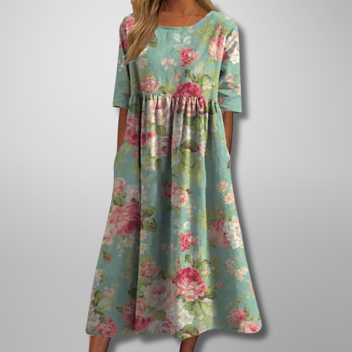 Women's Botanical Printed Midi Dress with Gathered Waist