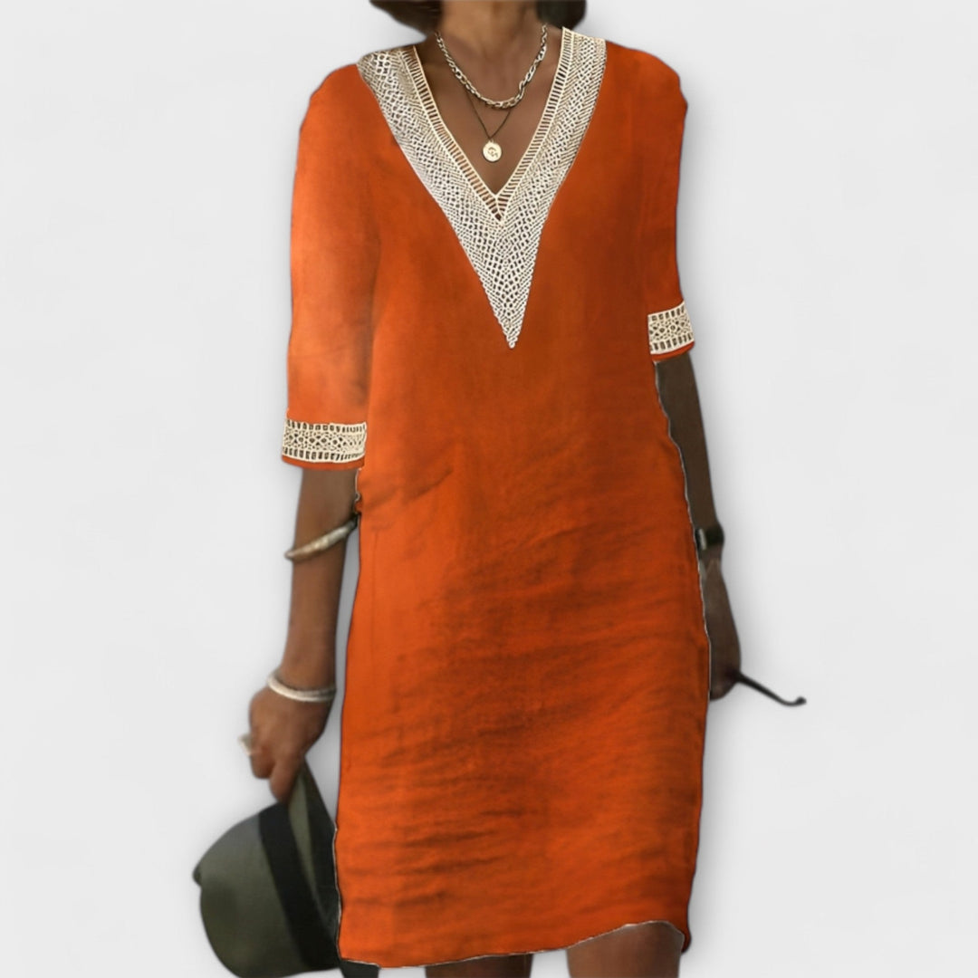 Women's Shift Mini Dress with Deep V-Neck Trim