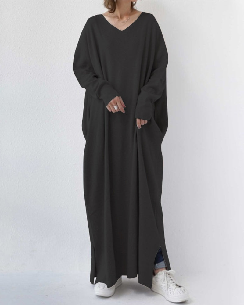 Women's Oversized Maxi Dress with V-Neck Long Sleeves