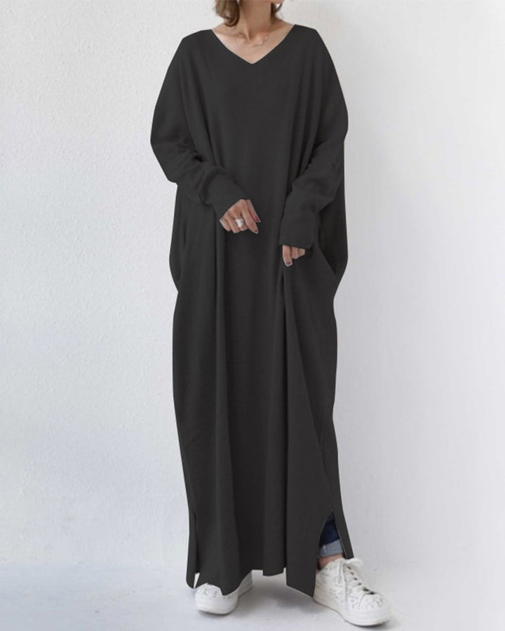 Women's Oversized Maxi Dress with V-Neck Long Sleeves