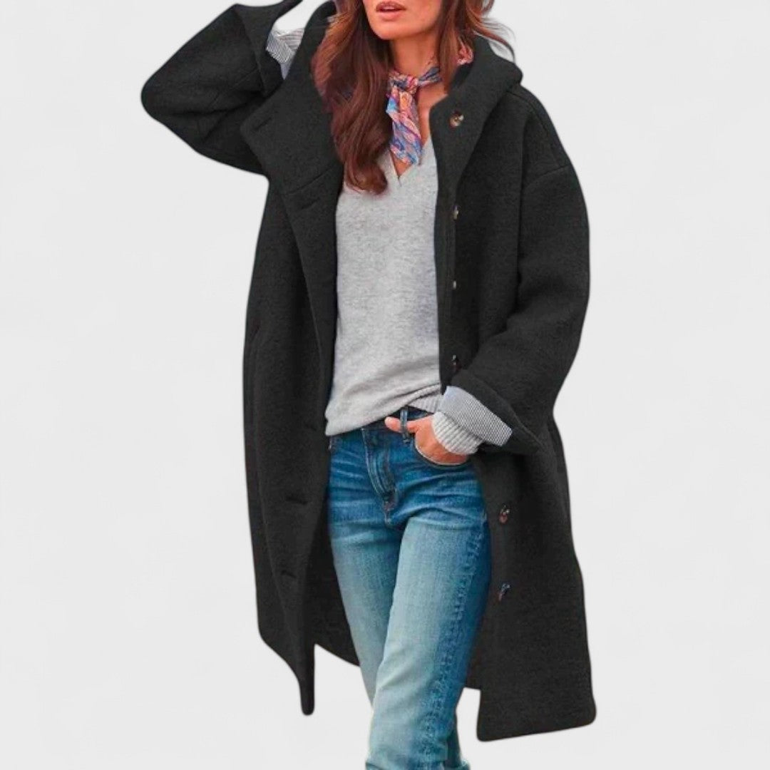 Women's Double Breasted Longline Coat with Button Front and Hood