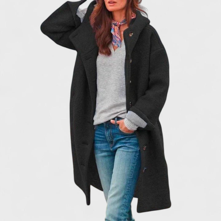 Women's Double Breasted Longline Coat with Button Front and Hood