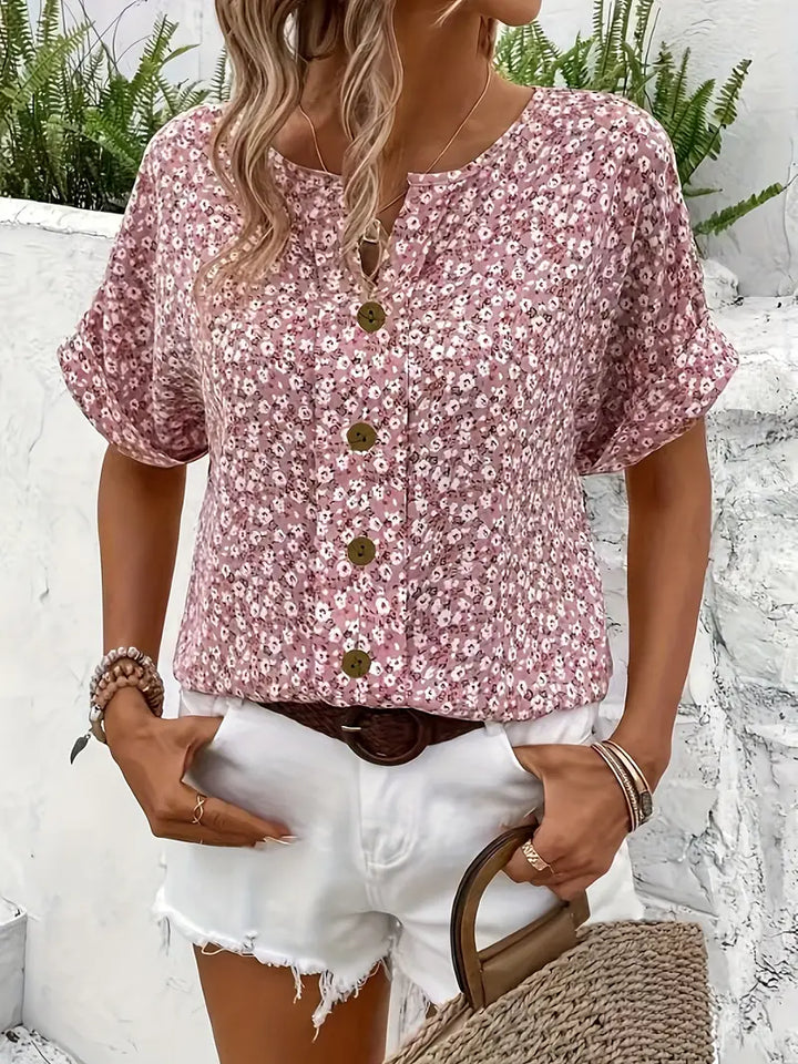 Women's Pink Floral Print Blouse with Notched Neckline