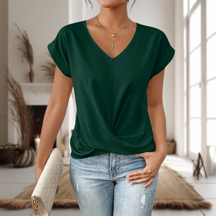 Women's V-Neck Blouse with Cap Sleeves and Twisted Hem