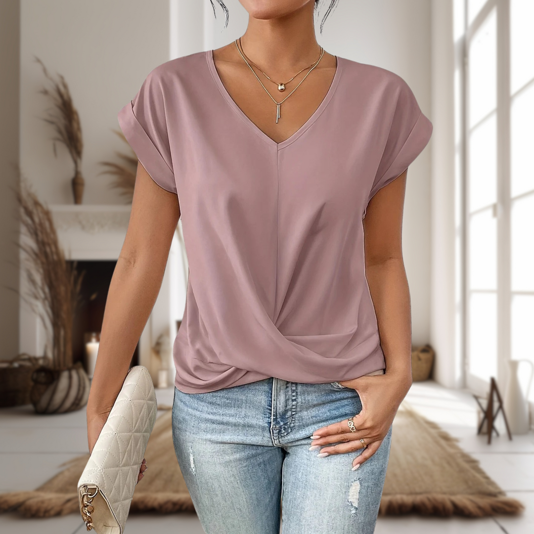 Women's V-Neck Blouse with Cap Sleeves and Twisted Hem