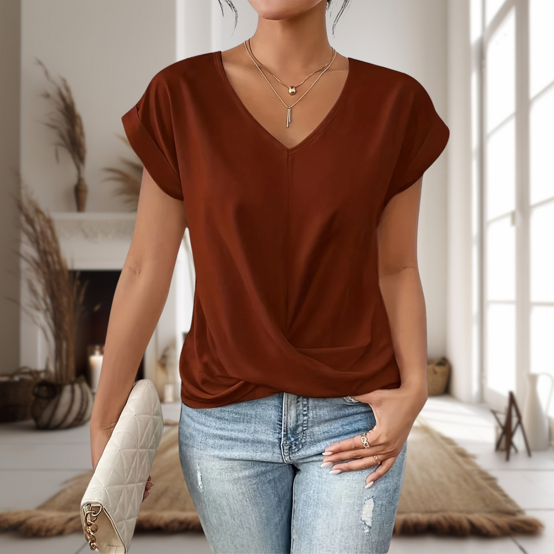 Women's V-Neck Blouse with Cap Sleeves and Twisted Hem