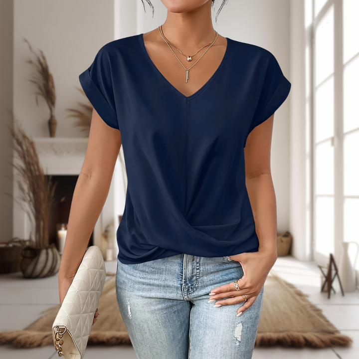 Women's V-Neck Blouse with Cap Sleeves and Twisted Hem
