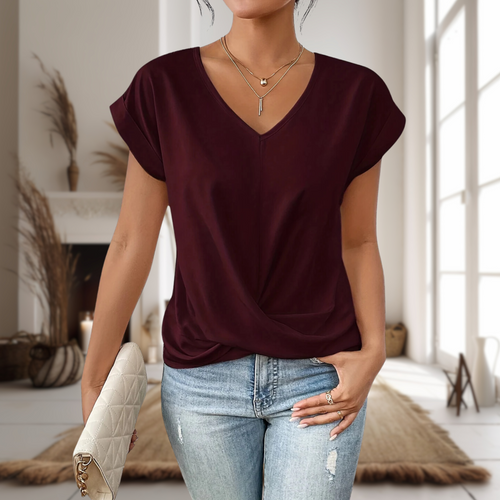 Women's V-Neck Blouse with Cap Sleeves and Twisted Hem