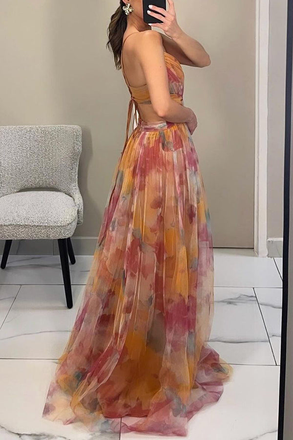Women's Orange Printed Maxi Dress with Pleated Skirt