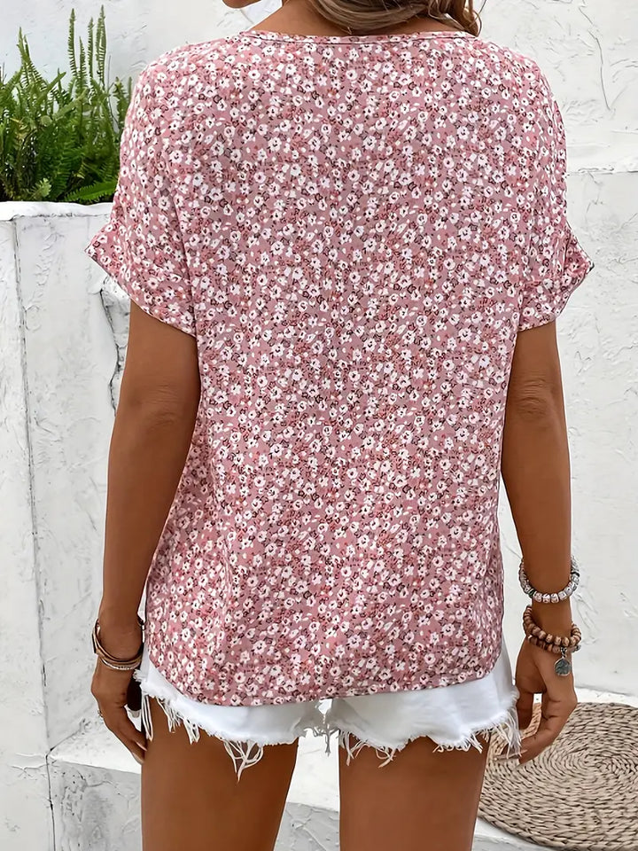 Women's Pink Floral Print Blouse with Notched Neckline