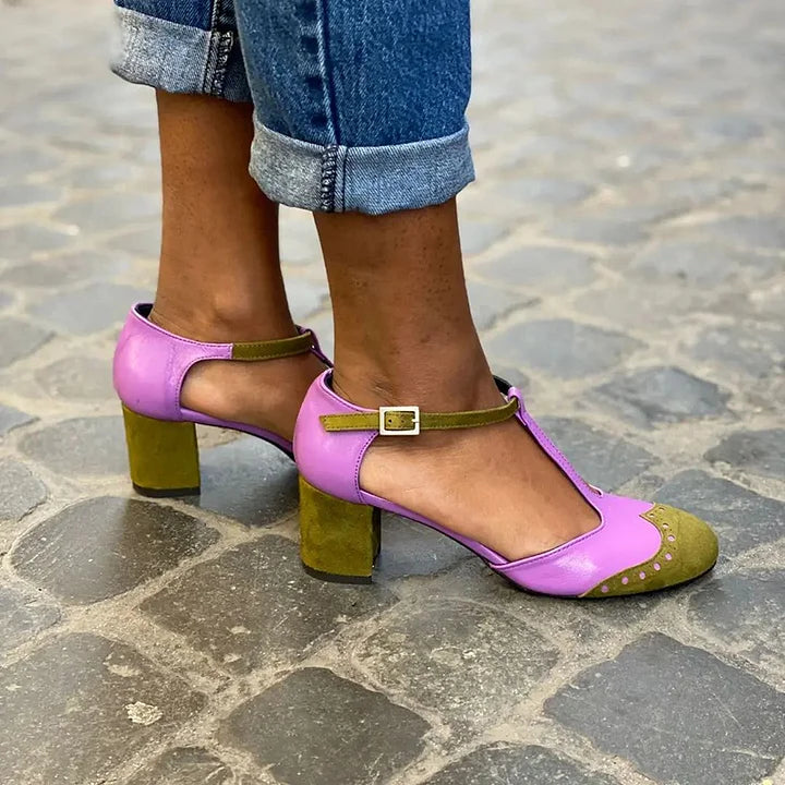 Women's Closed Toe T-Strap Block Heels