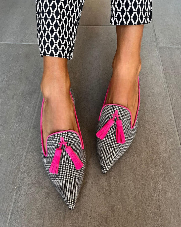 Women's Patterned Loafers with Pointed Toe and Tassel