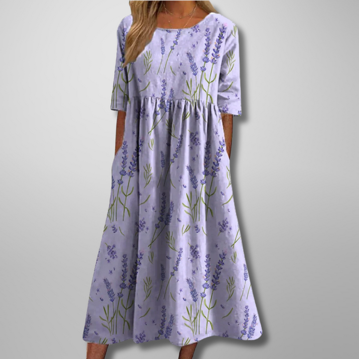 Women's Botanical Printed Midi Dress with Gathered Waist