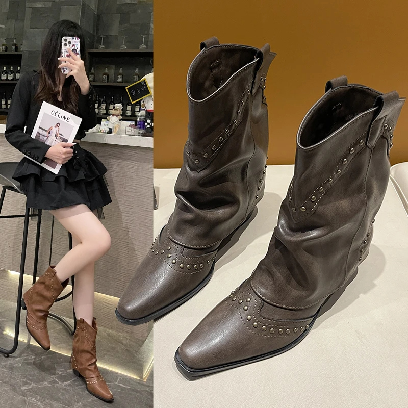 Women's Ankle Boots with Low Heel and Studded Detail