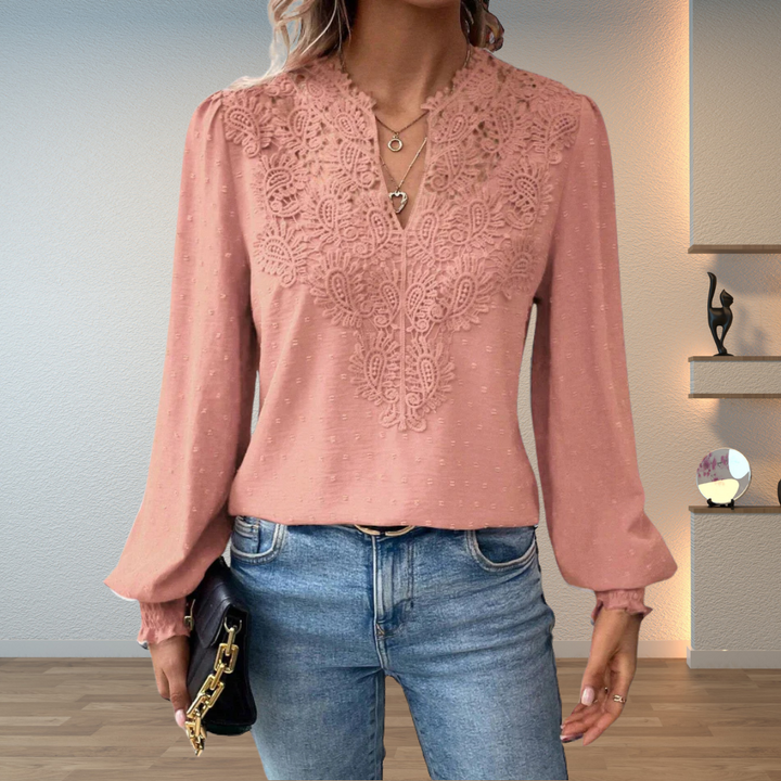 Women's Long Sleeve Blouse with V-Neck and Lace Detail