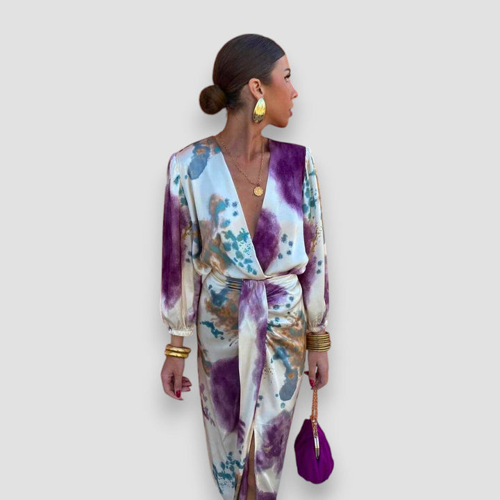 Women's Printed Wrap Midi Dress with Tie Waist