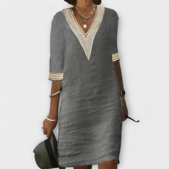 Women's Shift Mini Dress with Deep V-Neck Trim