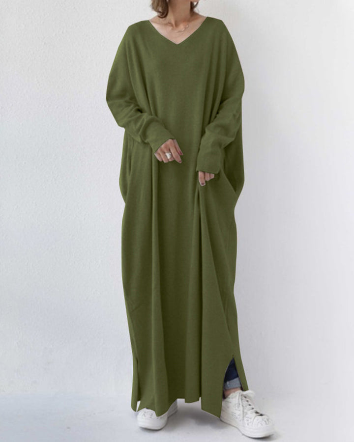 Women's Oversized Maxi Dress with V-Neck Long Sleeves