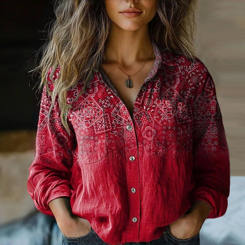 Women's Collared Button Front Blouse with Printed Pattern