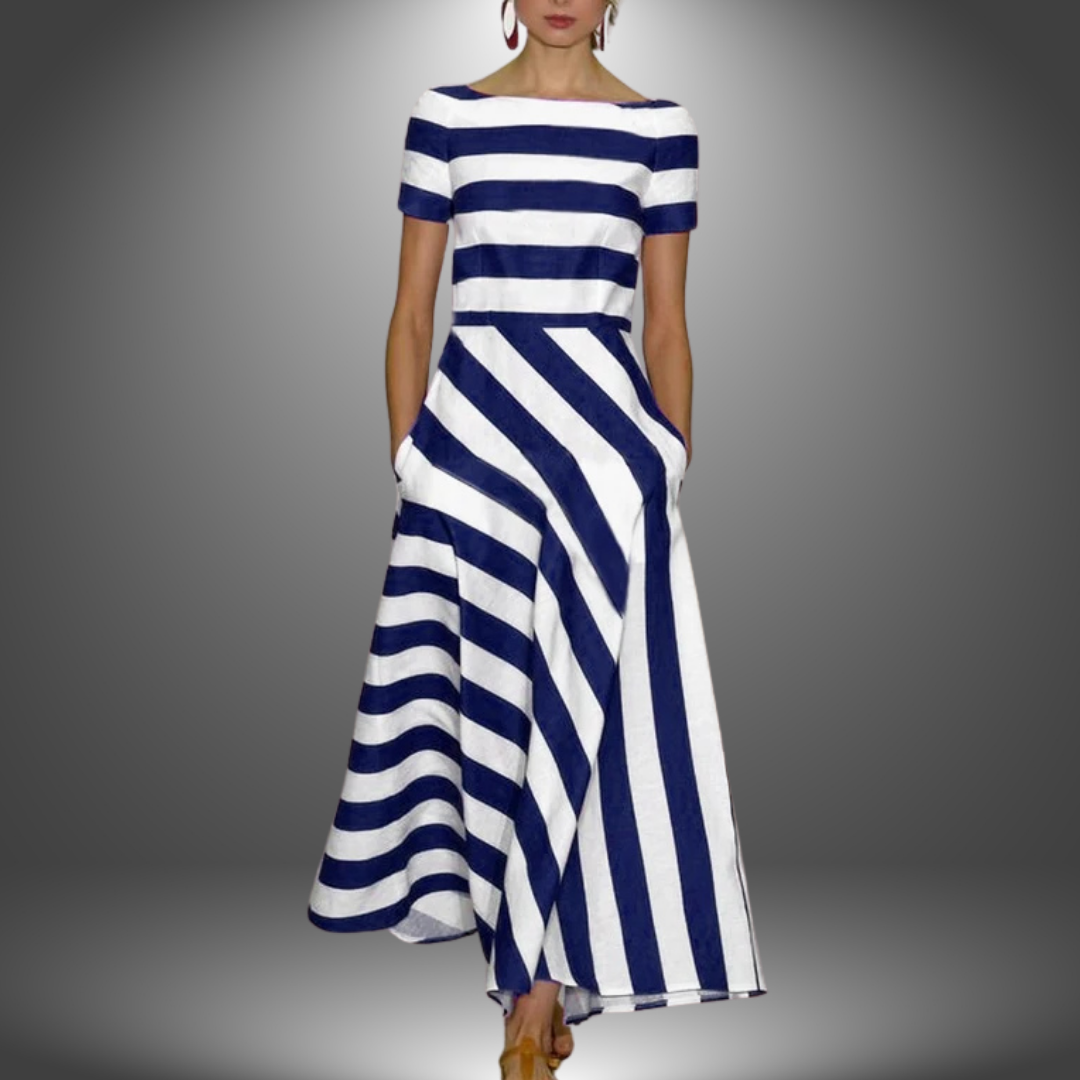 Women's Boat Neck Midi Dress with Short Sleeves and Asymmetrical Hem