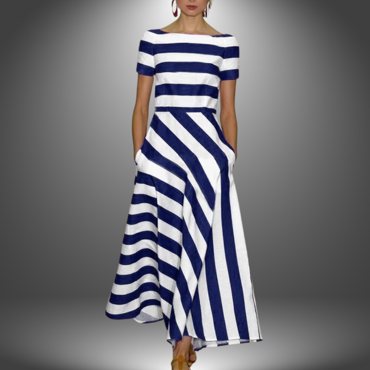 Women's Boat Neck Midi Dress with Short Sleeves and Asymmetrical Hem