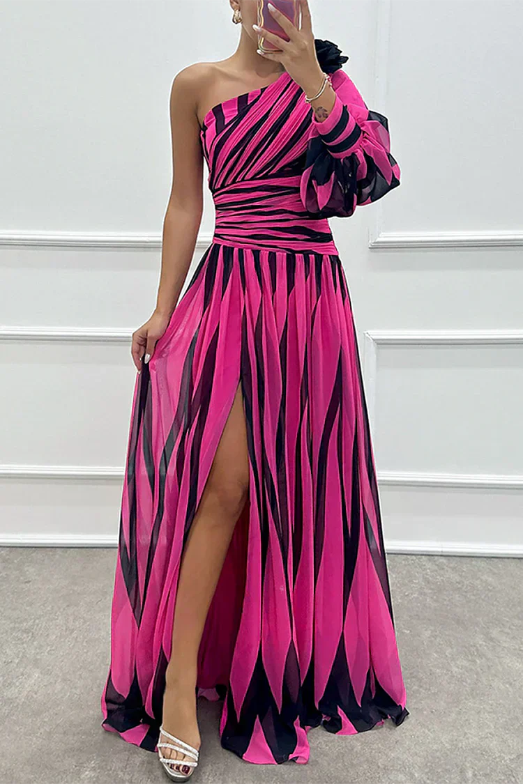 Women's One-Shoulder Maxi Dress with Single Long Sleeve Slit