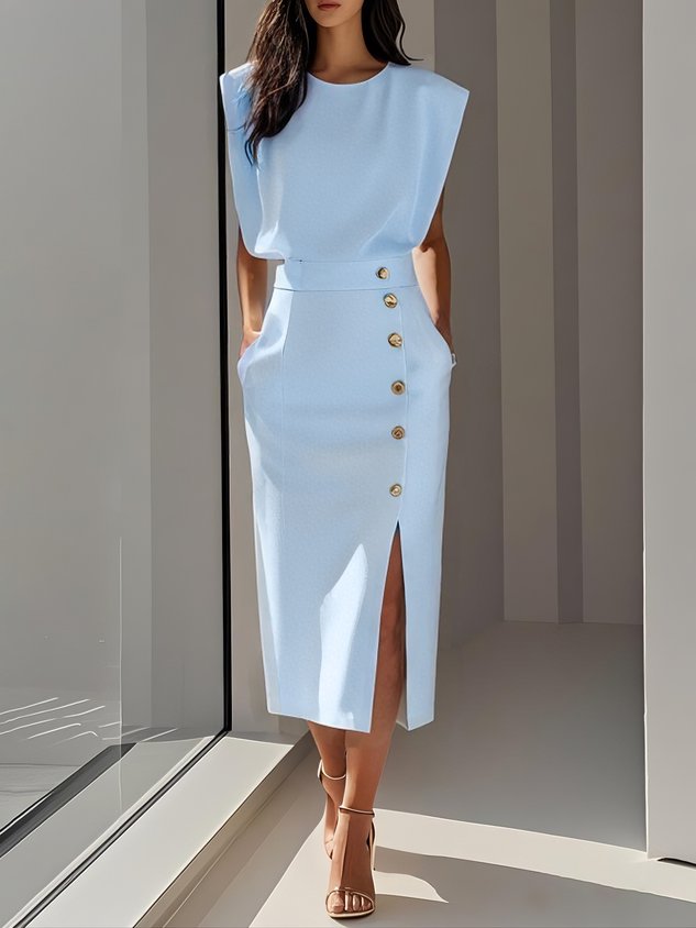 Women's Structured Midi Dress with Side Button Detail and Front Slit