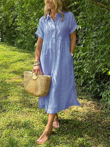 Women's Midi Dress with Button-Up Front and Vertical Stripes
