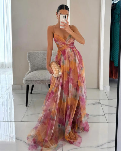 Women's Orange Printed Maxi Dress with Pleated Skirt