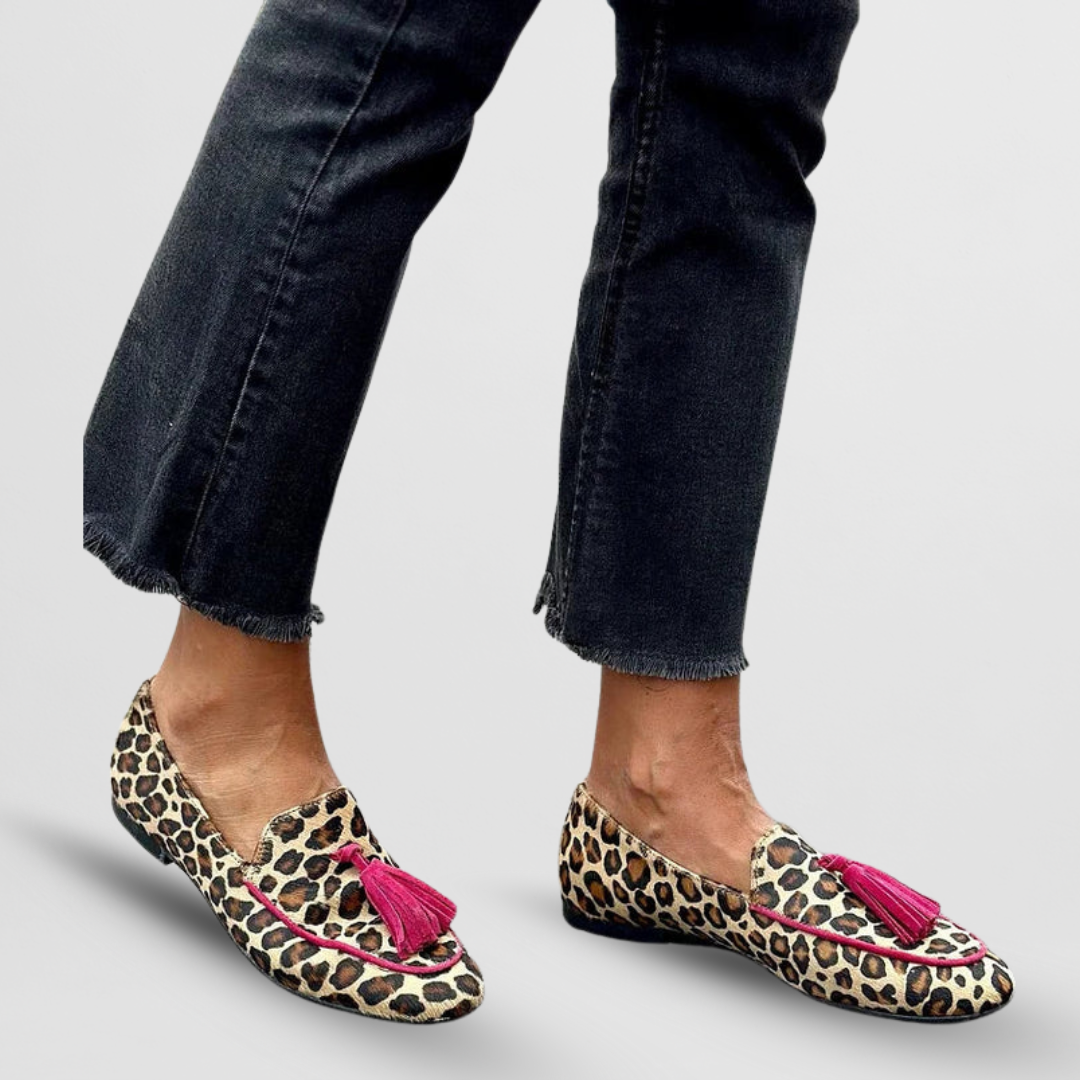 Women's Leopard Print Loafers with Pink Tassel Detail