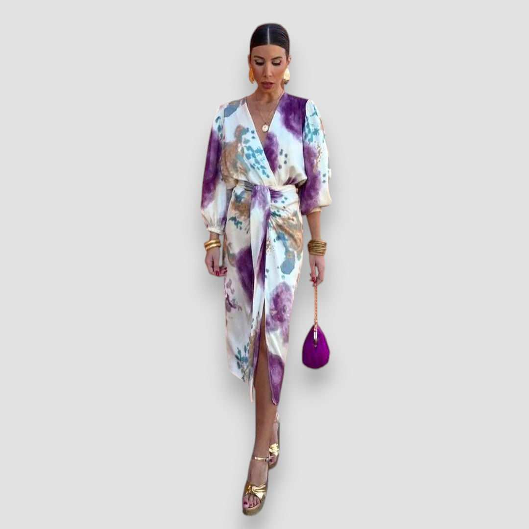Women's Printed Wrap Midi Dress with Tie Waist