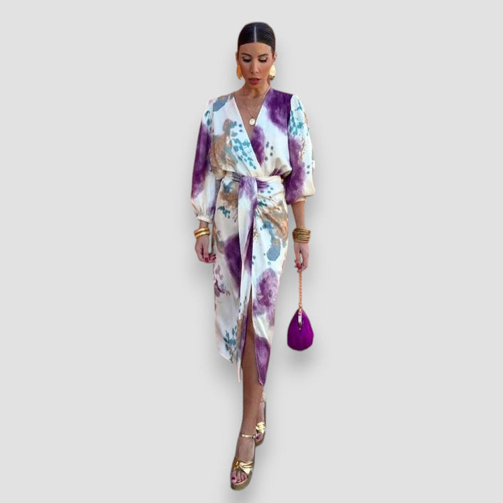 Women's Printed Wrap Midi Dress with Tie Waist