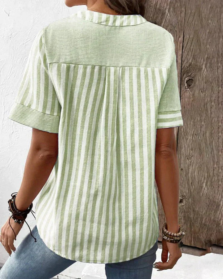 Women's Patchwork Stripe Blouse with Button Front