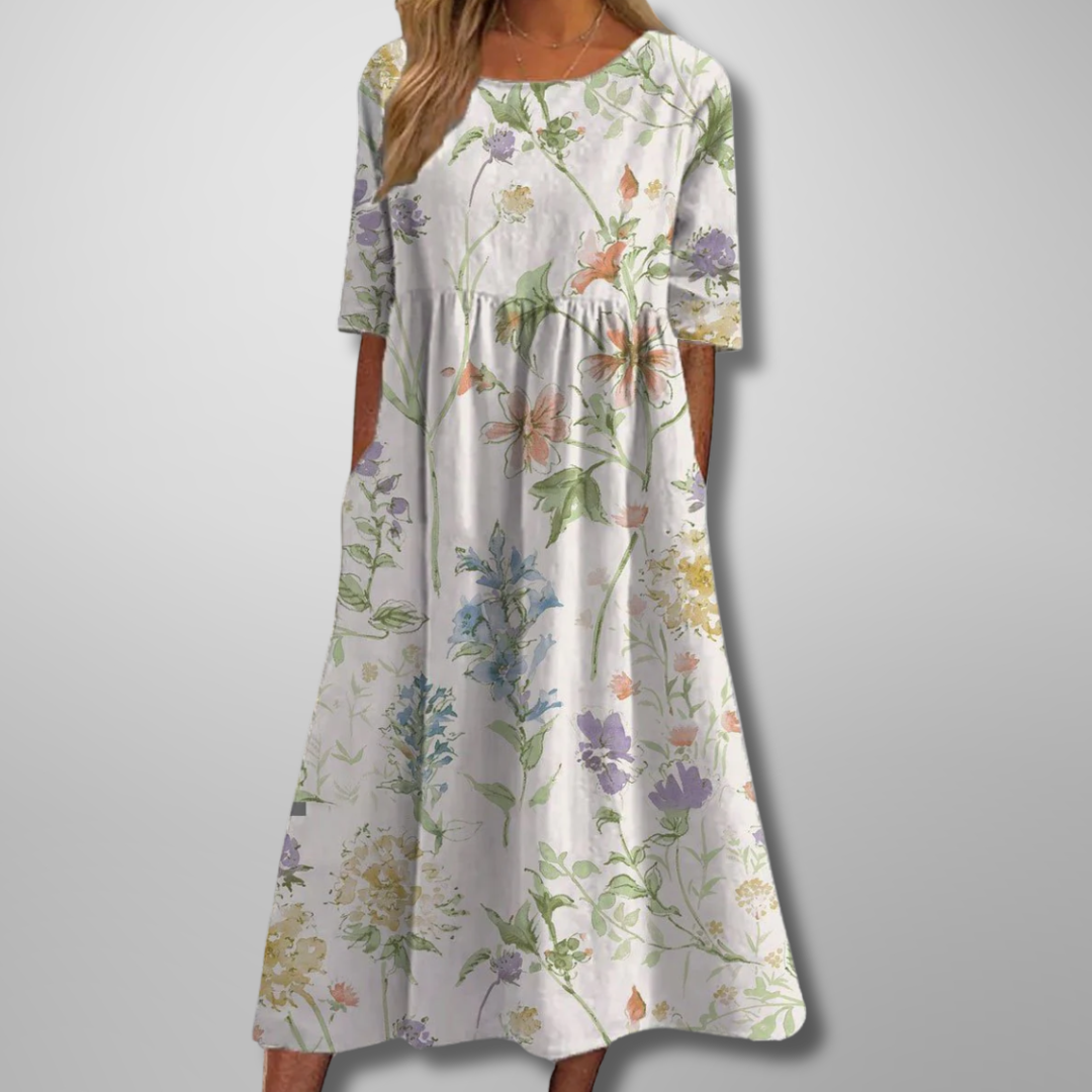 Women's Botanical Printed Midi Dress with Gathered Waist