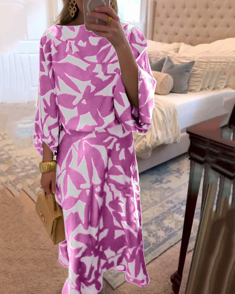 Women's Printed Long Sleeve Top and Midi Skirt Set