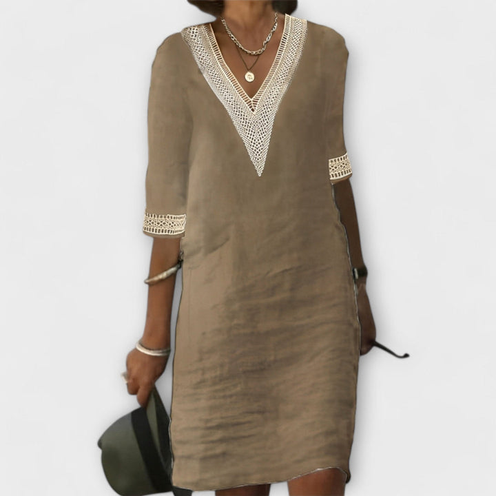 Women's Shift Mini Dress with Deep V-Neck Trim