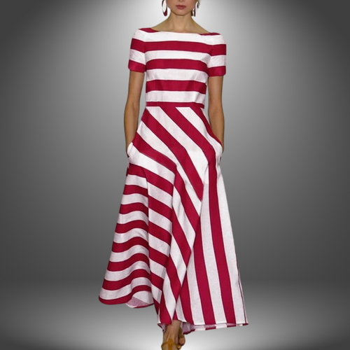 Women's Boat Neck Midi Dress with Short Sleeves and Asymmetrical Hem
