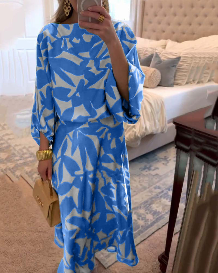 Women's Printed Long Sleeve Top and Midi Skirt Set