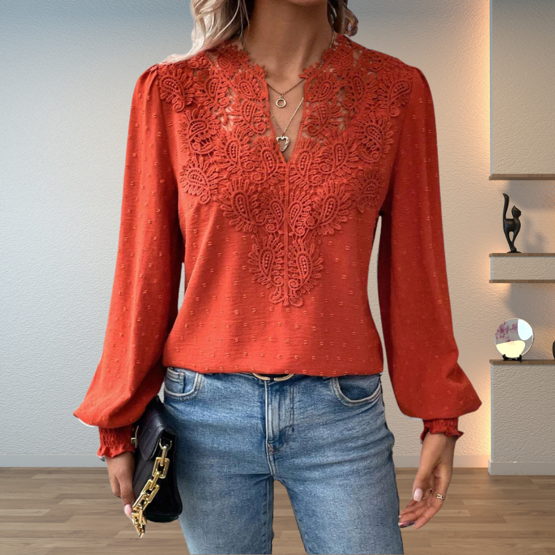 Women's Long Sleeve Blouse with V-Neck and Lace Detail