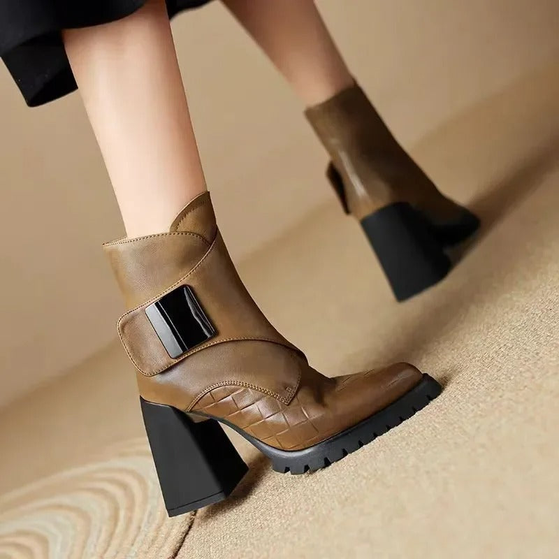 Women's Ankle Boots with Upper Strap and Block Heel