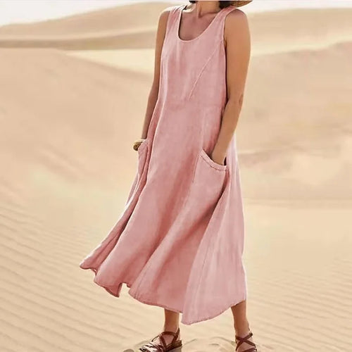 Women's Sleeveless Midi Dress with Scoop Neckline and Side Pockets
