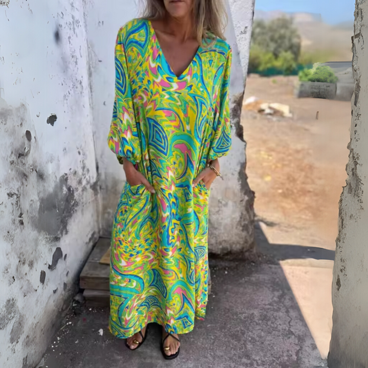 Women's Printed Maxi Dress with Long Sleeves and Pockets