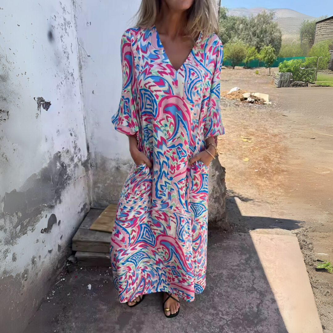 Women's Printed Maxi Dress with Long Sleeves and Pockets