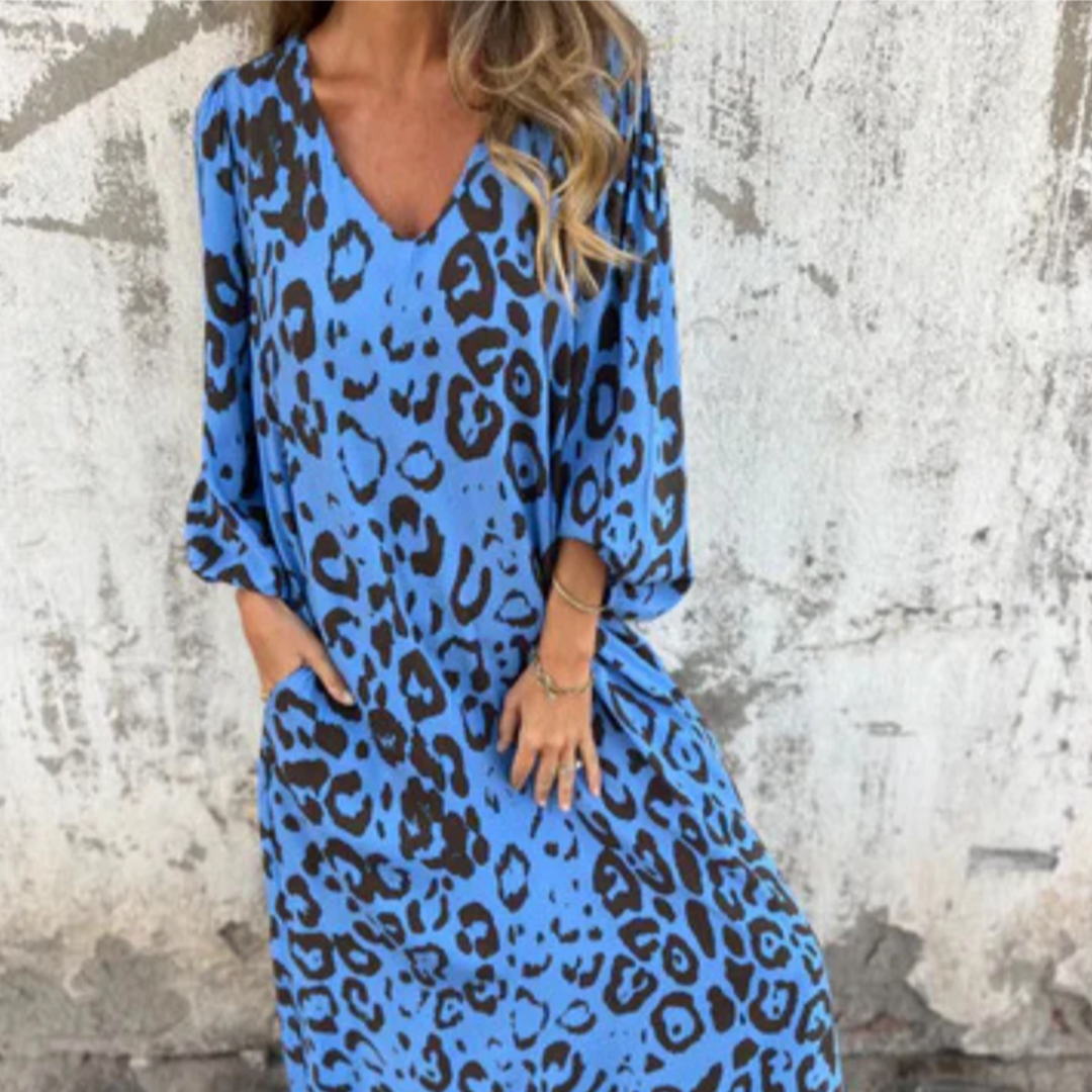 Women's Printed Maxi Dress with Long Sleeves and Pockets