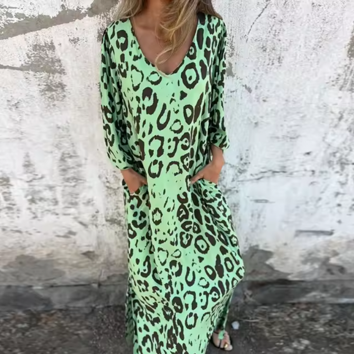 Women's Printed Maxi Dress with Long Sleeves and Pockets