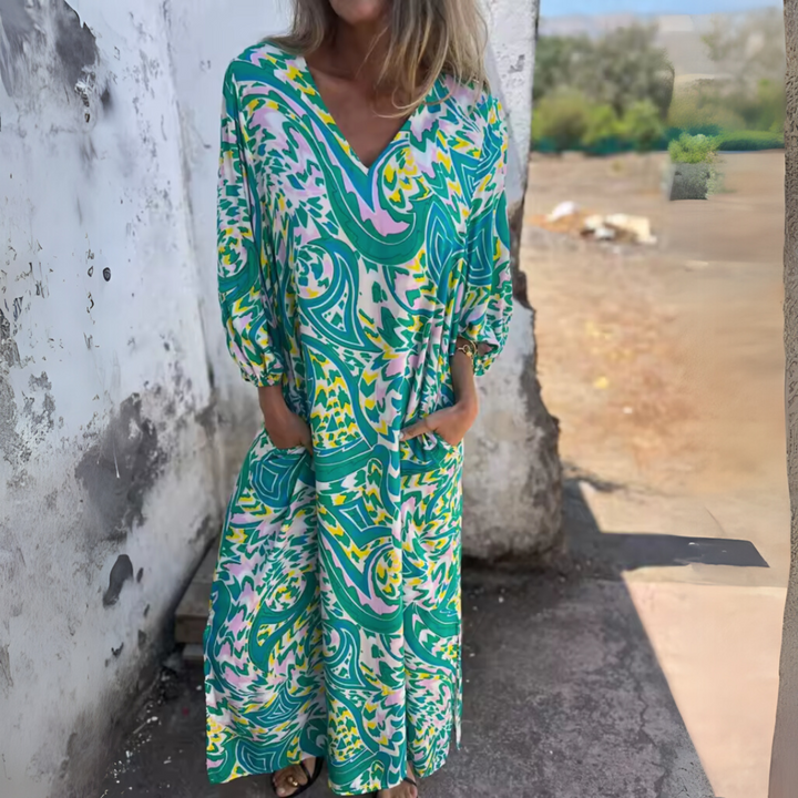 Women's Printed Maxi Dress with Long Sleeves and Pockets