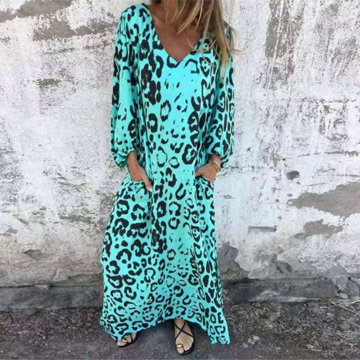 Women's Printed Maxi Dress with Long Sleeves and Pockets