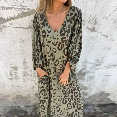 Women's Printed Maxi Dress with Long Sleeves and Pockets
